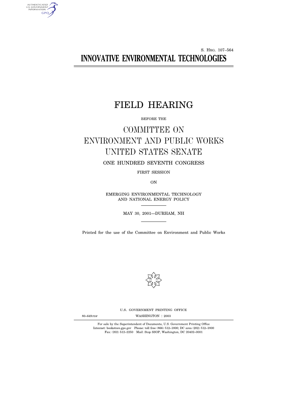 Innovative Environmental Technologies Field Hearing