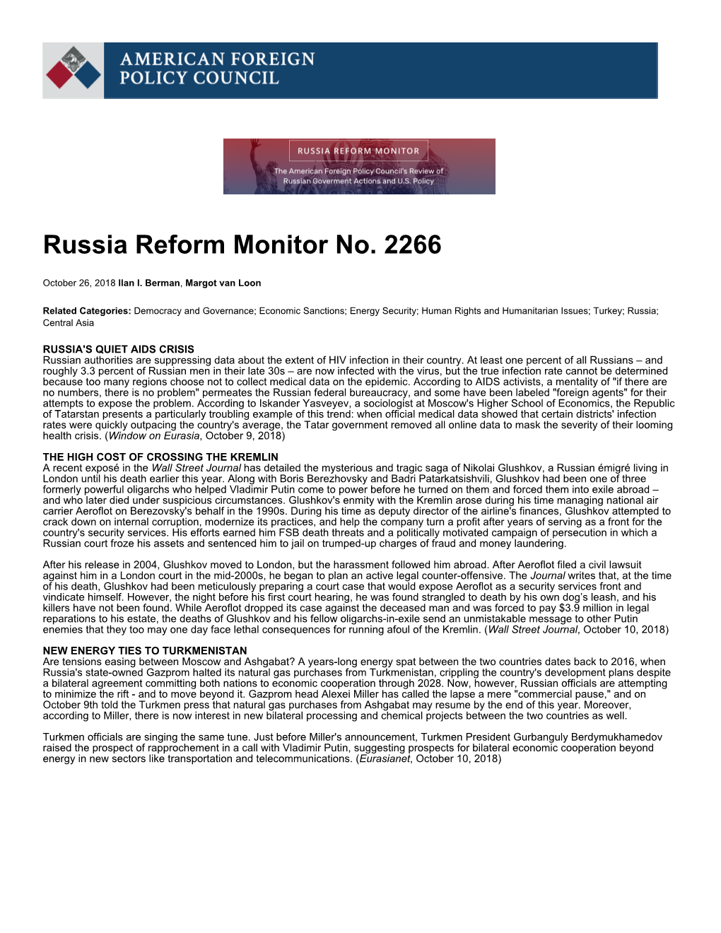 Russia Reform Monitor No. 2266 | American Foreign Policy Council