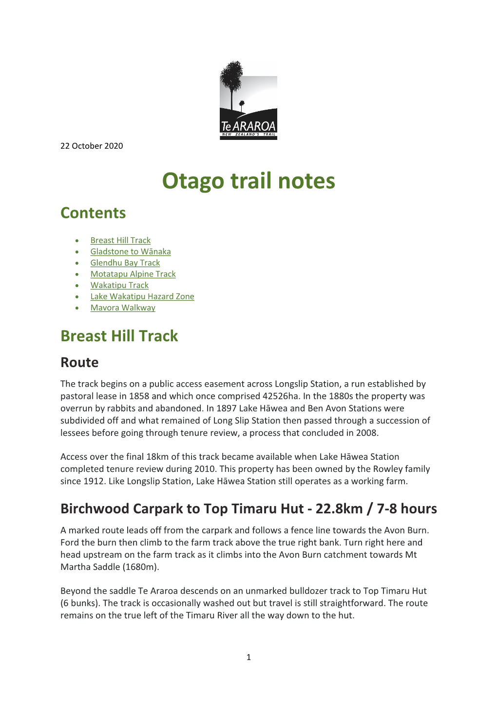 Otago Trail Notes Contents