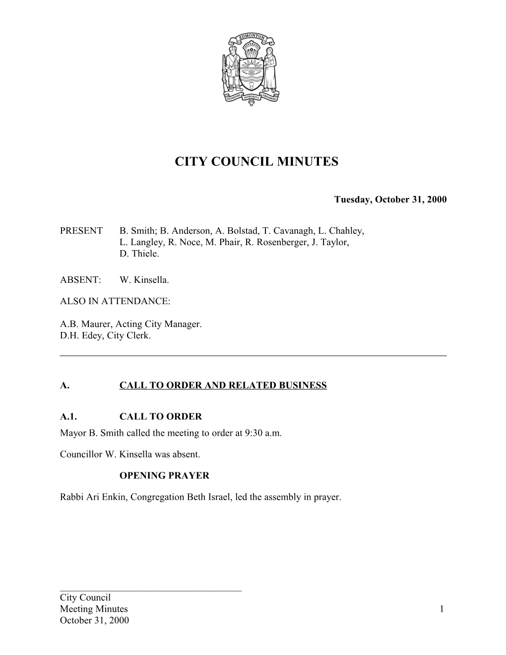 Minutes for City Council October 31, 2000 Meeting