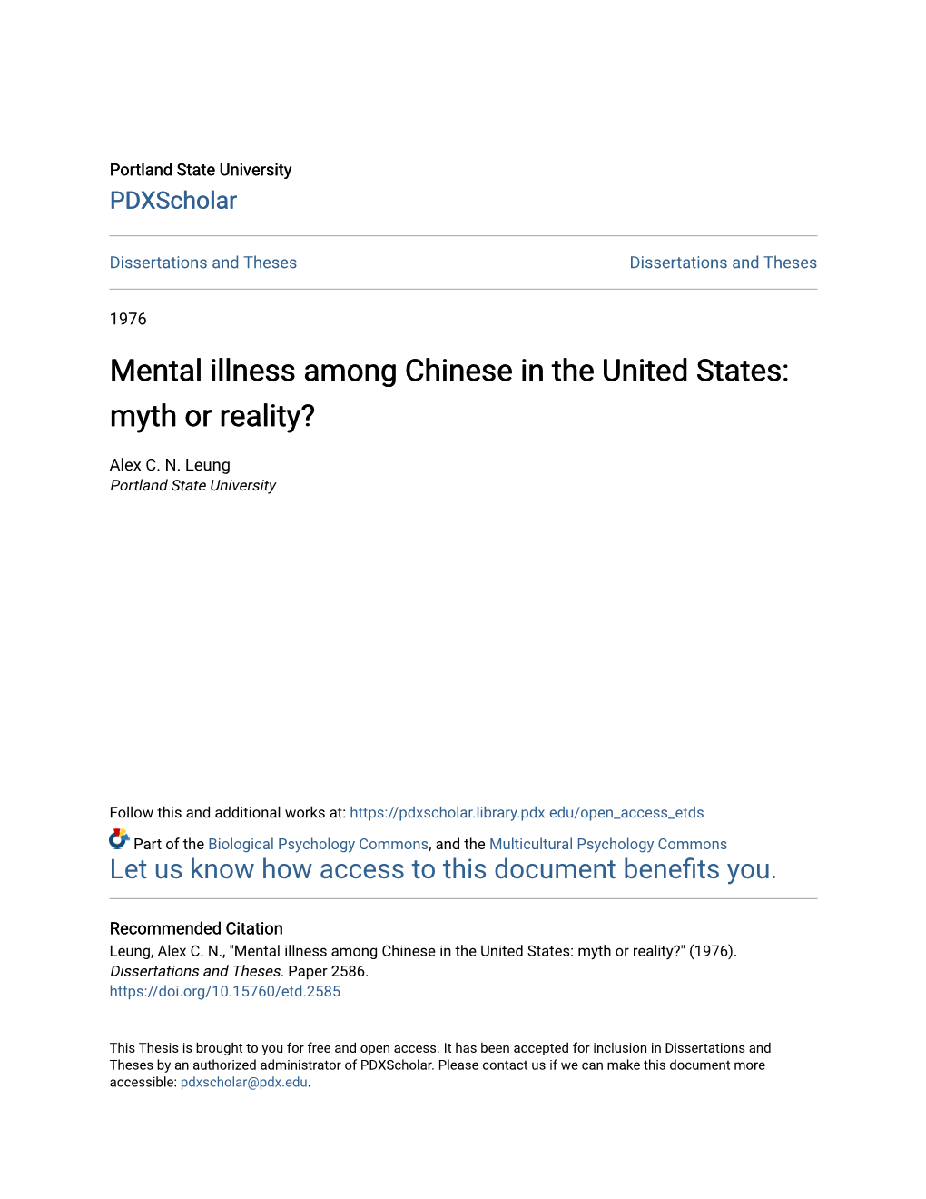 Mental Illness Among Chinese in the United States: Myth Or Reality?