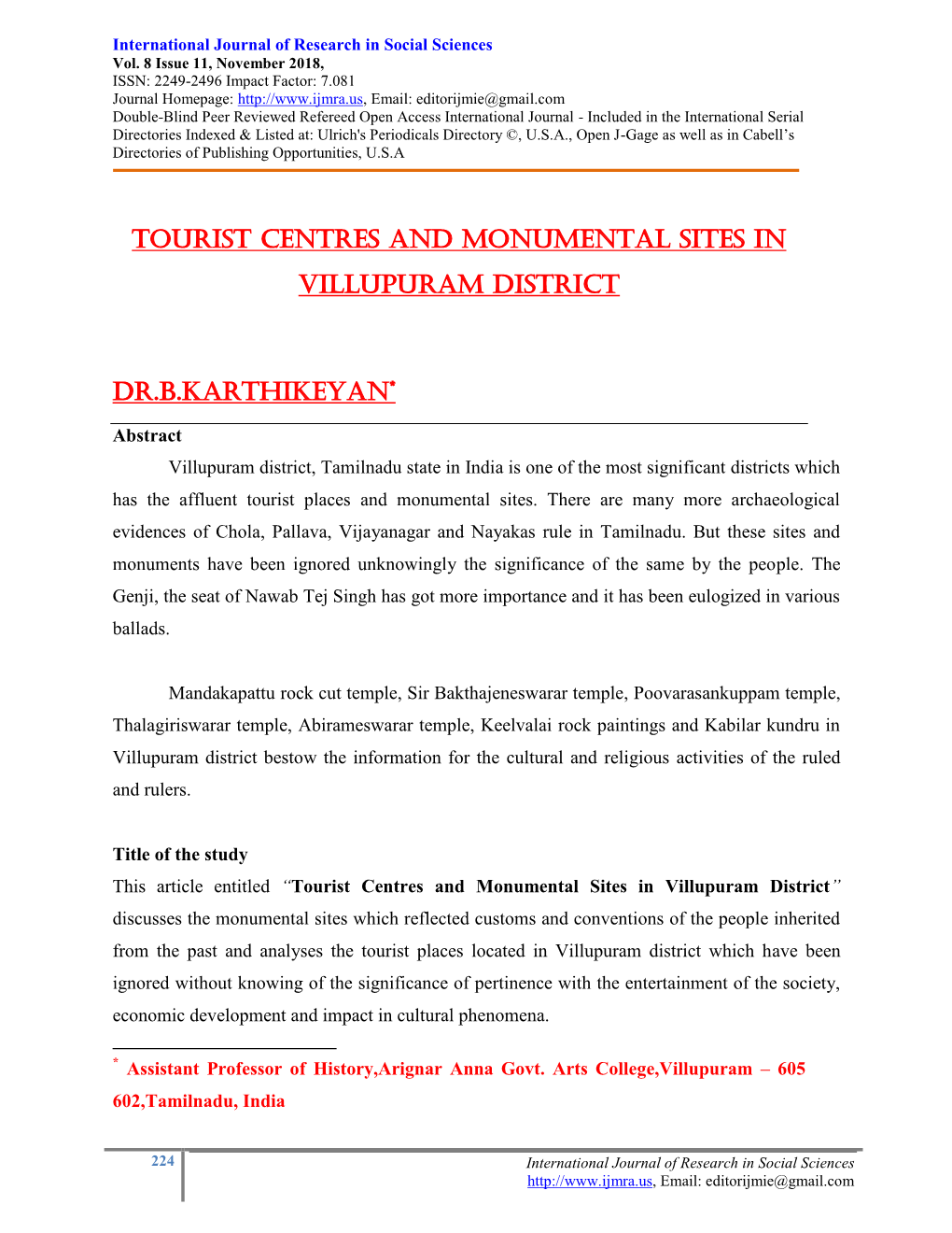 Tourist Centres and Monumental Sites in Villupuram District