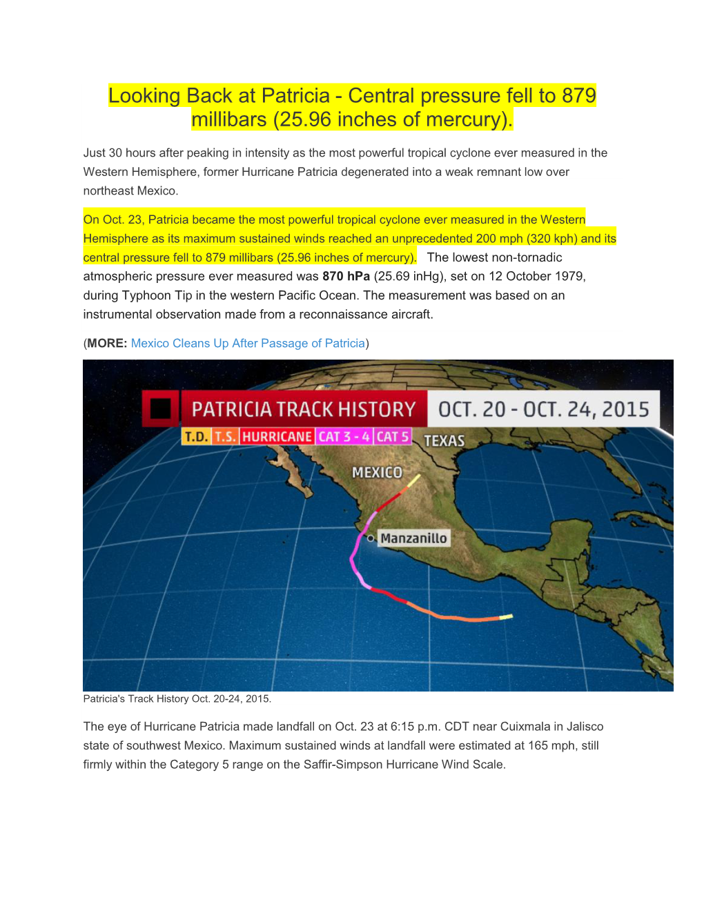 Looking Back at Patricia - Central Pressure Fell to 879 Millibars (25.96 Inches of Mercury)