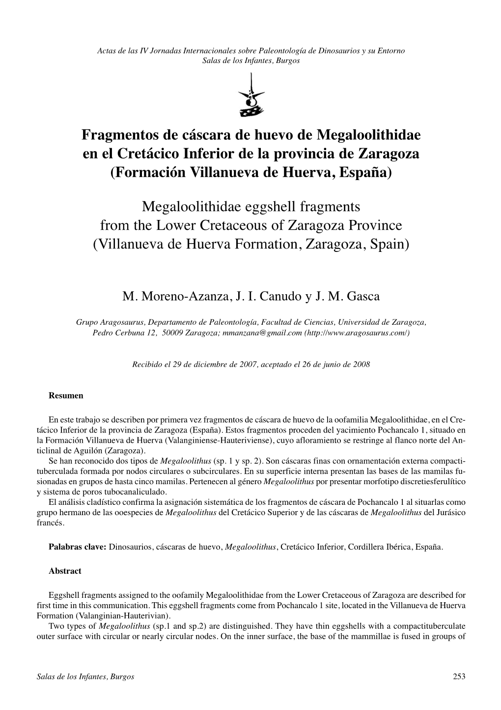 Fragmentos De Cáscara De Huevo De Megaloolithidae En El Cretácico Inferior De La Provincia De Zaragoza (Formación Villanueva De Huerva, España)