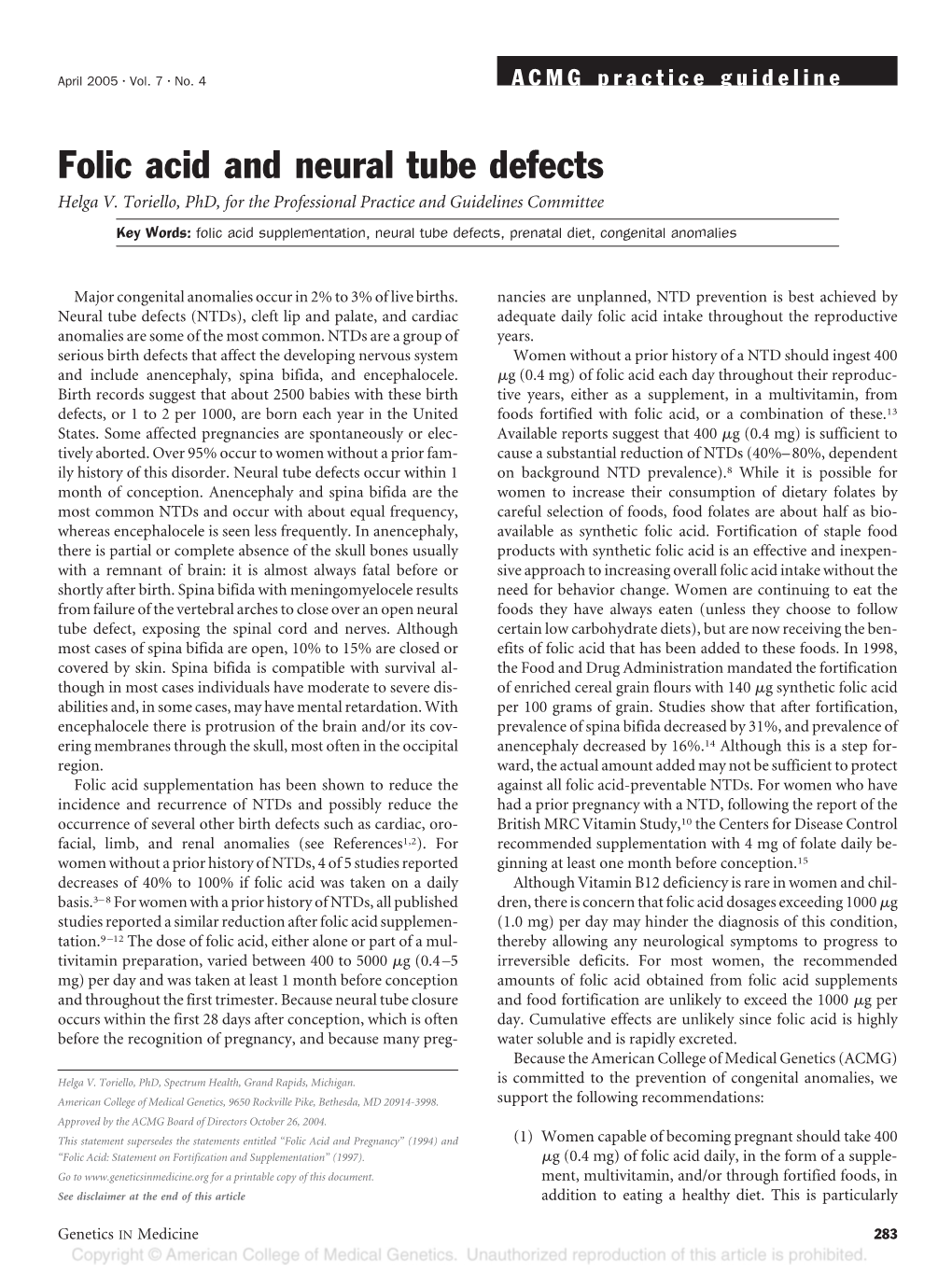 Folic Acid and Neural Tube Defects Helga V