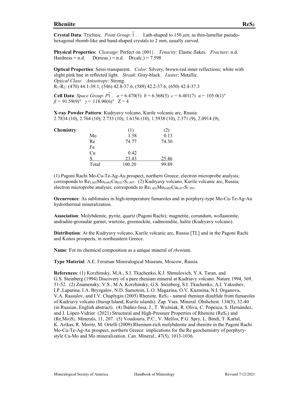 Rheniite Res2 - Crystal Data: Triclinic