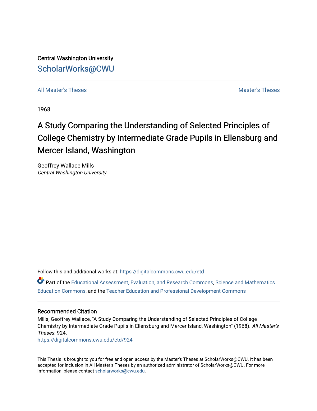 A Study Comparing the Understanding of Selected Principles of College Chemistry by Intermediate Grade Pupils in Ellensburg and Mercer Island, Washington