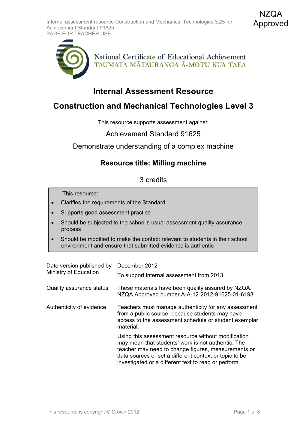 Level 3 Construction and Mechanical Technologies Internal Assessment Resource