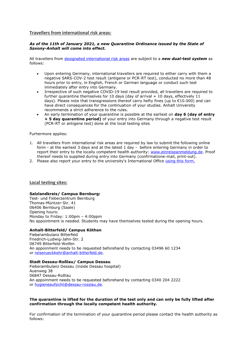 Travellers from International Risk Areas: Local Testing Sites