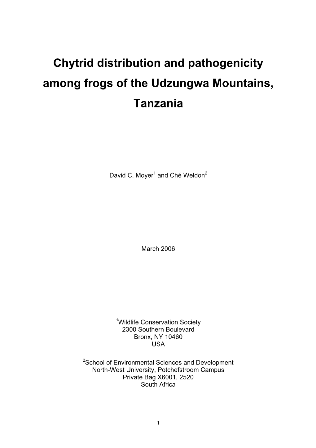 Chytrid Distribution and Pathogenicity Among Frogs of the Udzungwa Mountains, Tanzania