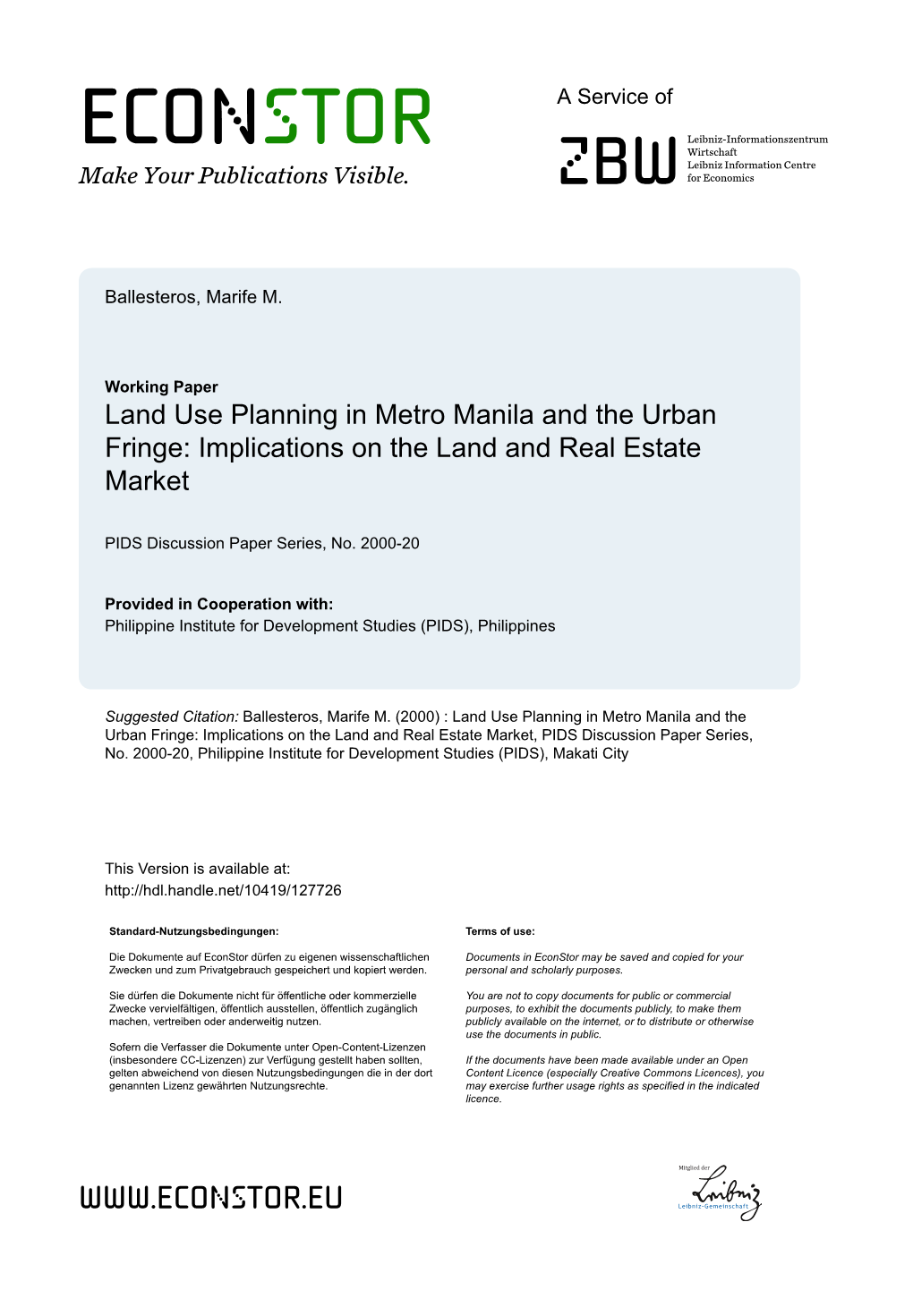 Land Use Planning in Metro Manila and the Urban Fringe: Implications on the Land and Real Estate Market
