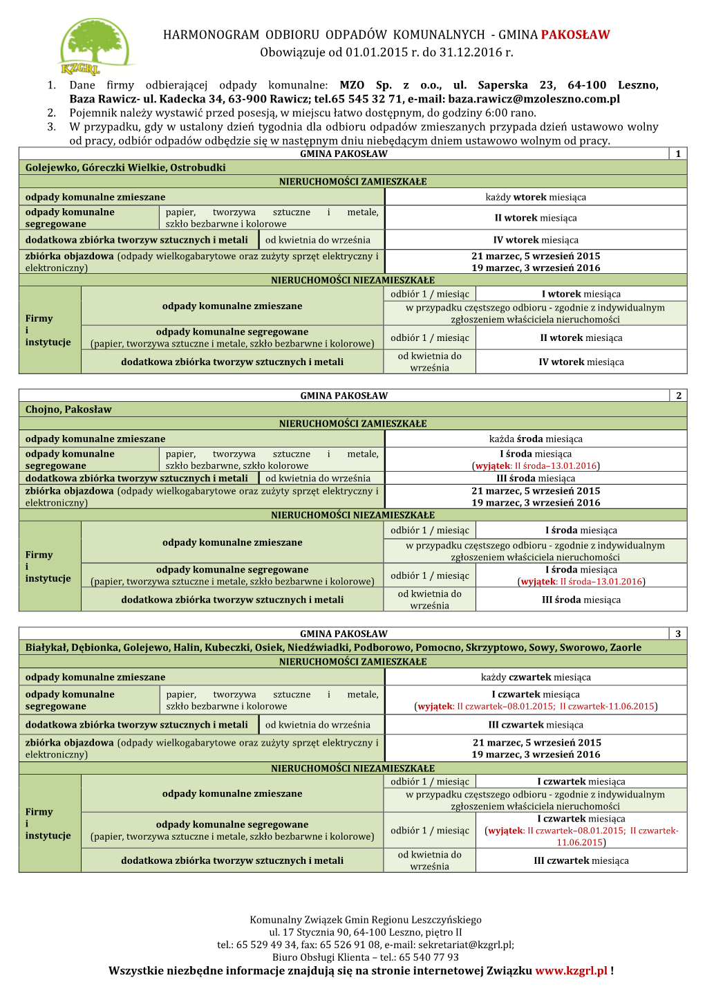 HARMONOGRAM ODBIORU ODPADÓW KOMUNALNYCH - GMINA PAKOSŁAW Obowiązuje Od 01.01.2015 R