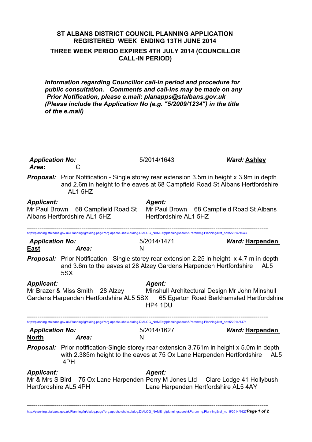 St Albans District Council Planning Application Registered Week Ending 13Th June 2014 Three Week Period Expires 4Th July 2014 (Councillor Call-In Period)