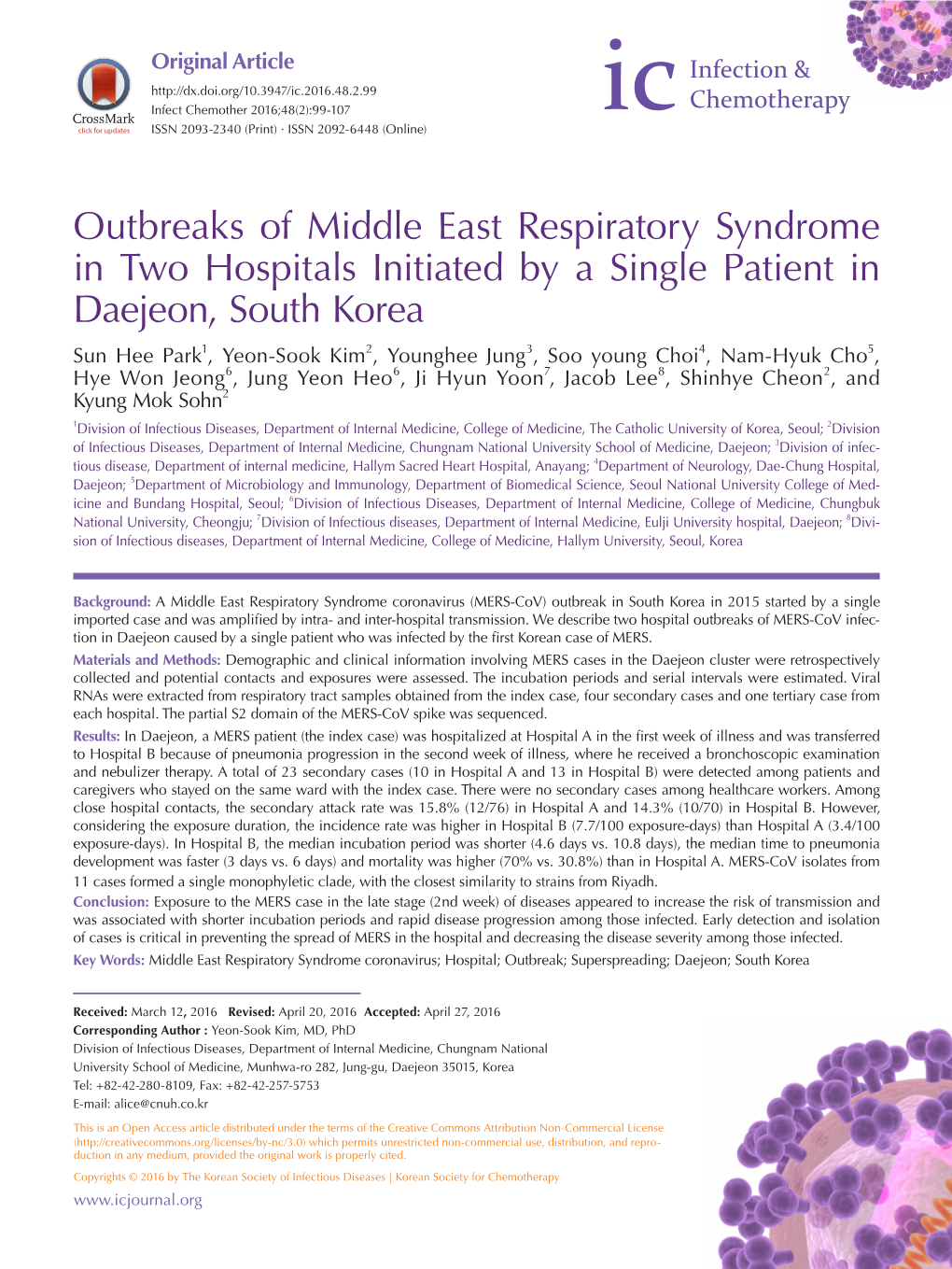 Outbreaks of Middle East Respiratory Syndrome in Two Hospitals Initiated