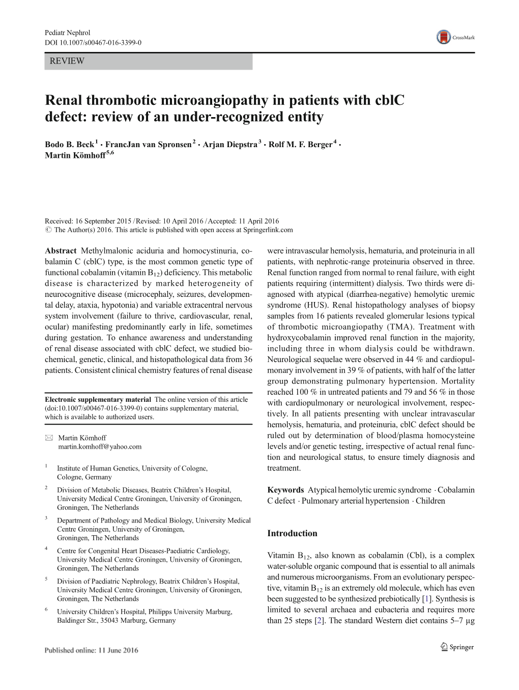 Renal Thrombotic Microangiopathy in Patients with Cblc Defect: Review of an Under-Recognized Entity