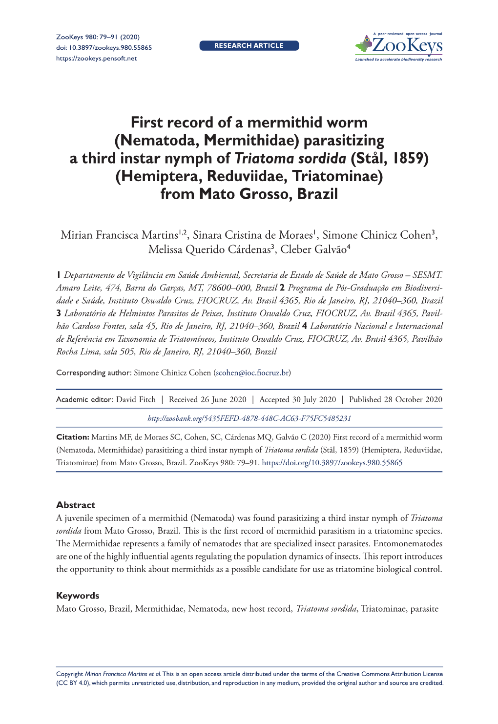 First Record of a Mermithid Worm (Nematoda, Mermithidae)