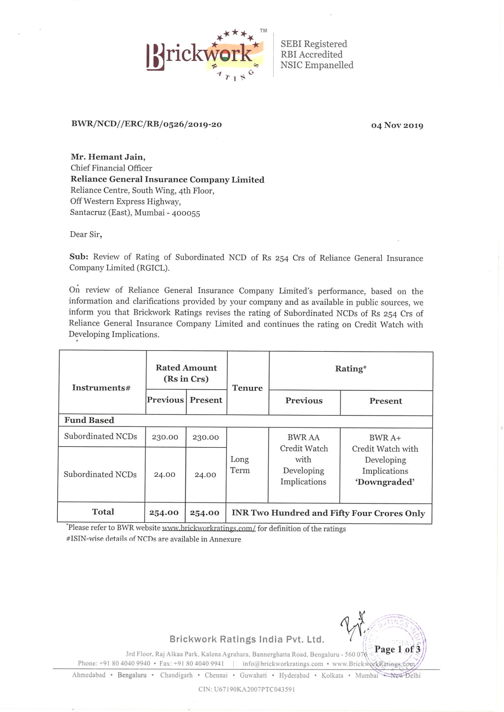 Revision in Credit Rating Reliance General Insurance