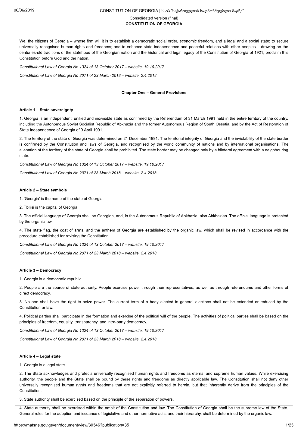 06/06/2019 CONSTITUTION of GEORGIA | სსიპ ”საქართველოს საკანონმდებლო მაცნე” Consolidated Version (Final) CONSTITUTION of GEORGIA