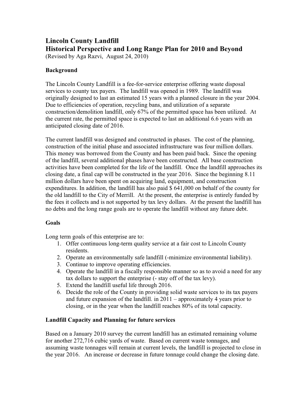 Lincoln County Landfill Long Range Plan