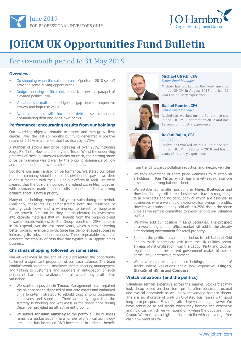 JOHCM UK Opportunities Fund Bulletin for Six-Month Period to 31 May 2019