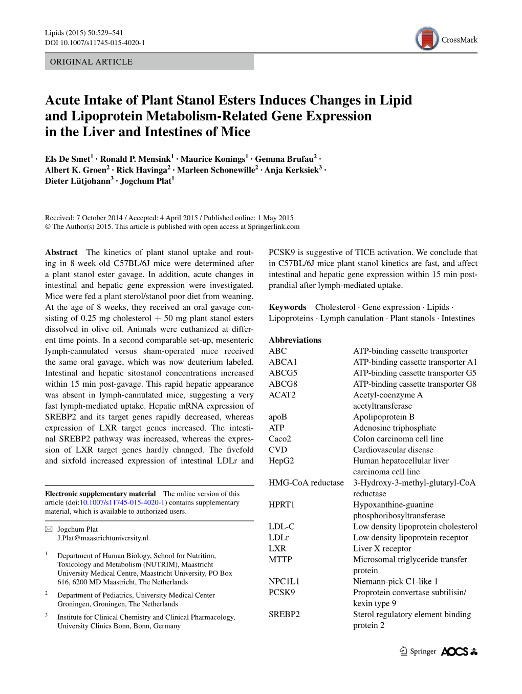 Acute Intake of Plant Stanol Esters Induces Changes in Lipid and Lipoprotein Metabolism‑Related Gene Expression in the Liver and Intestines of Mice