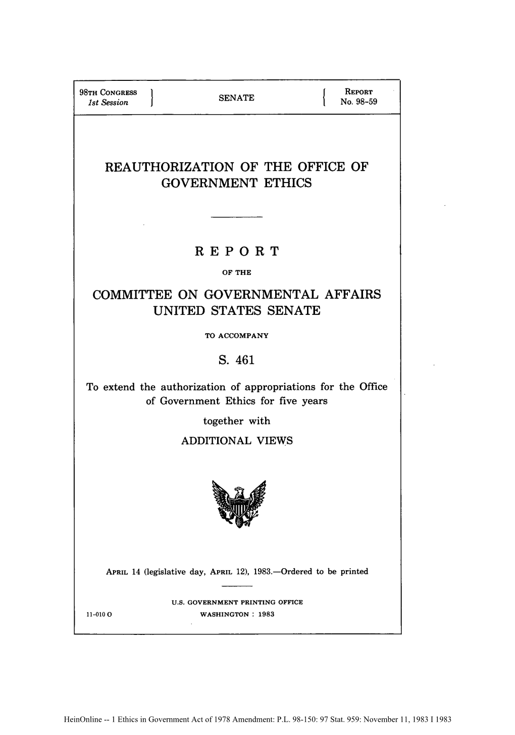 Reauthorization of the Office of Government Ethics Report Committee on Governmental Affairs United States Senate S