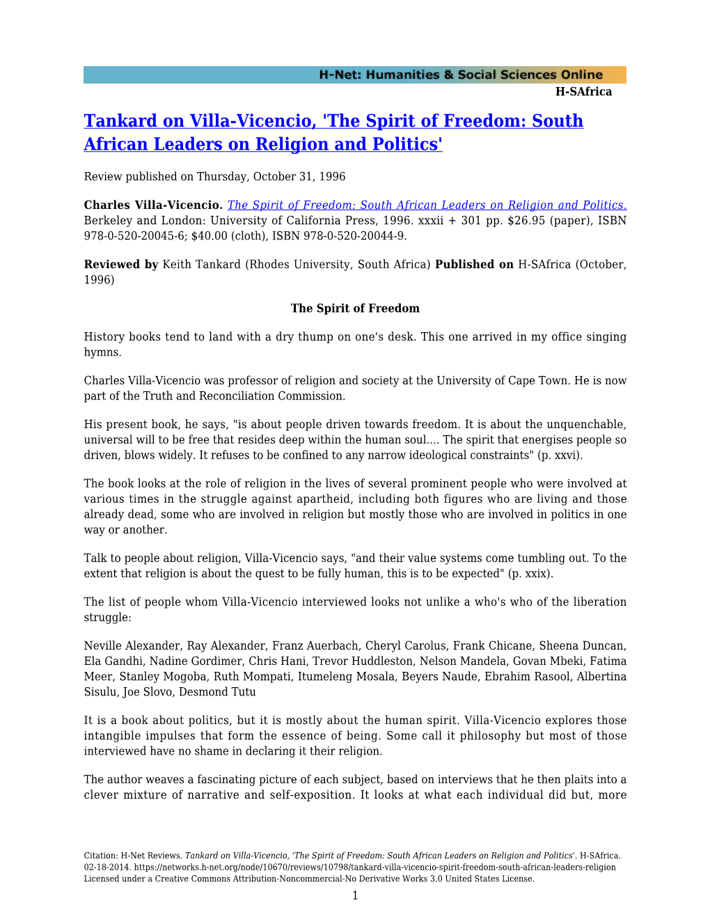 Tankard on Villa-Vicencio, 'The Spirit of Freedom: South African Leaders on Religion and Politics'