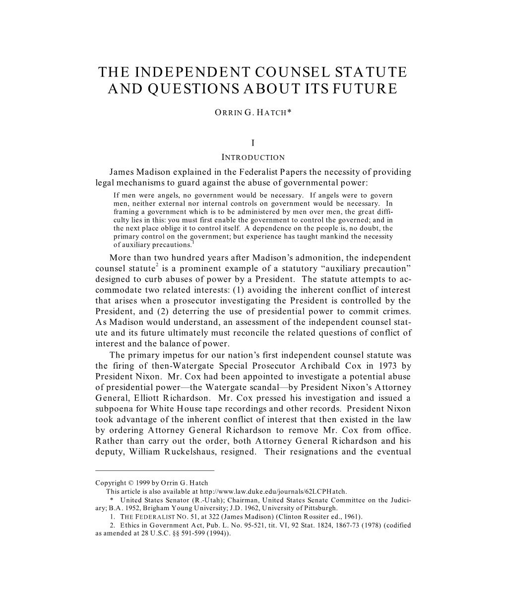 The Independent Counsel Statute and Questions About Its Future