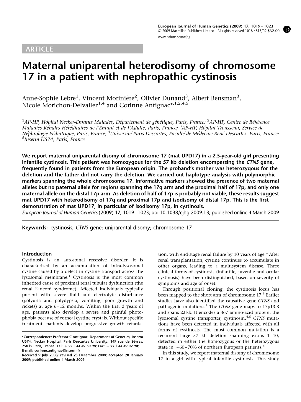 Maternal Uniparental Heterodisomy of Chromosome 17 in a Patient with Nephropathic Cystinosis