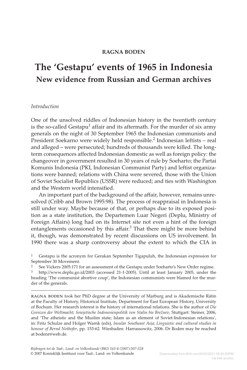 The 'Gestapu' Events of 1965 in Indonesia