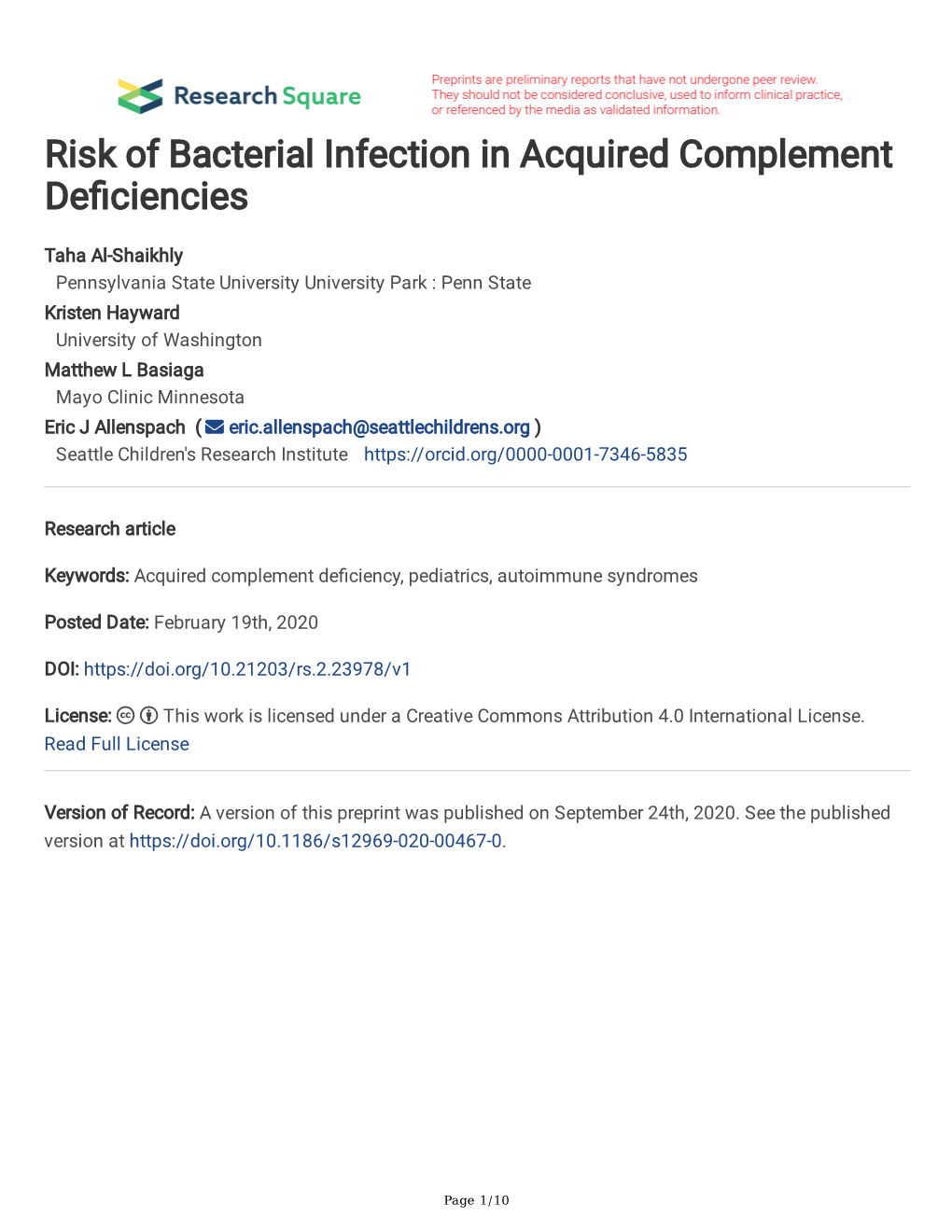 Risk of Bacterial Infection in Acquired Complement Deficiencies