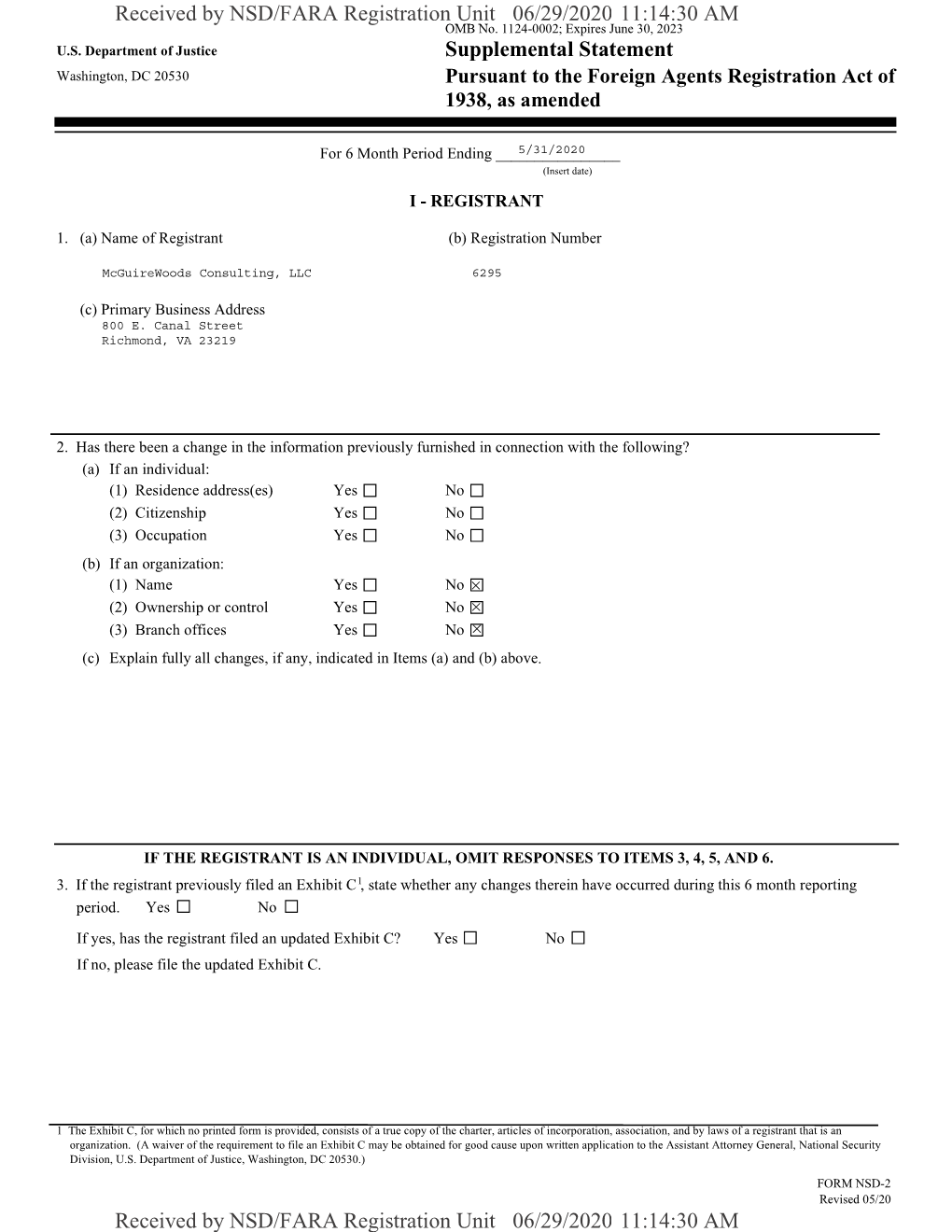 Supplemental Statement Washington, DC 20530 Pursuant to the Foreign Agents Registration Act of 1938, As Amended