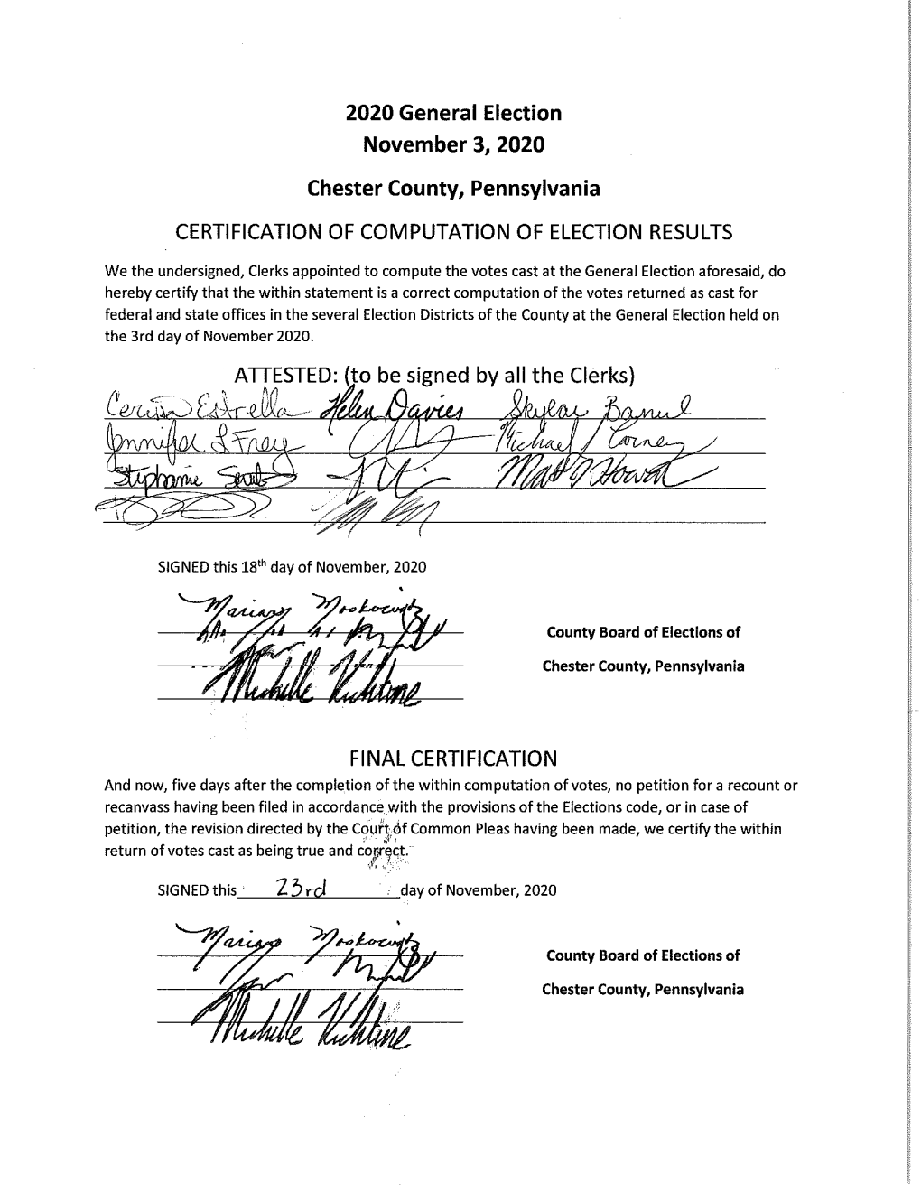 Certification of Computation of Election Results