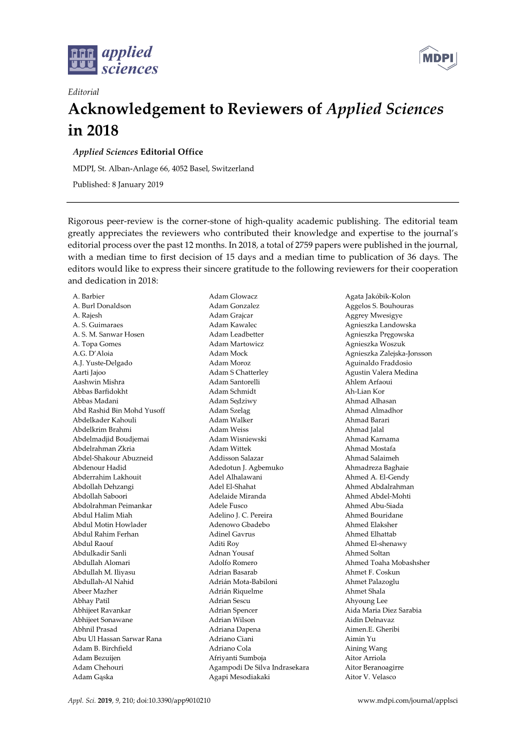 Acknowledgement to Reviewers of Applied Sciences in 2018 Applied Sciences Editorial Office