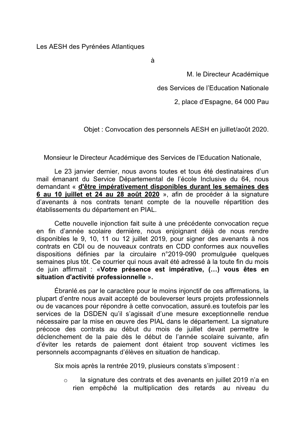 Les AESH Des Pyrénées Atlantiques À M. Le Directeur Académique Des
