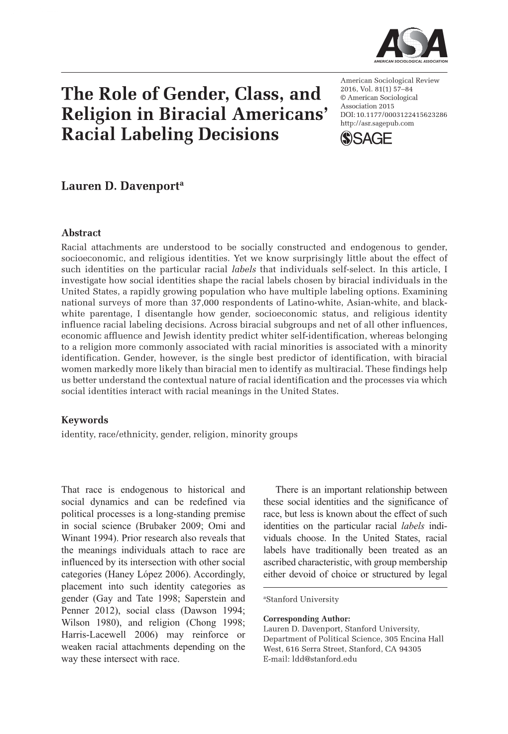 The Role of Gender, Class, and Religion in Biracial Americans