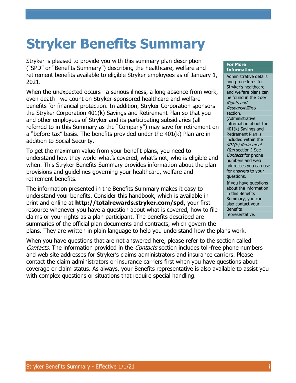 Stryker Benefits Summary