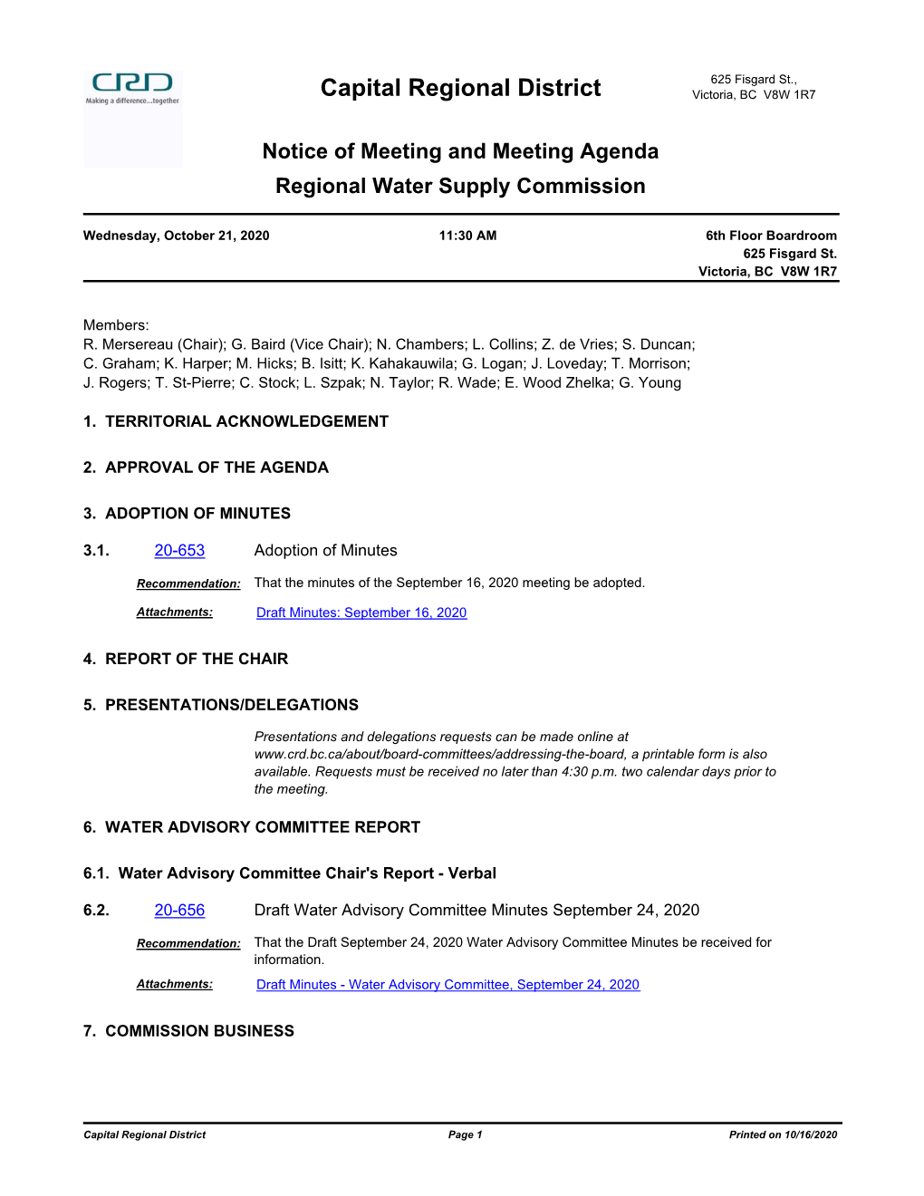 Regional Water Supply Service - 2021 Operating and Capital Budget