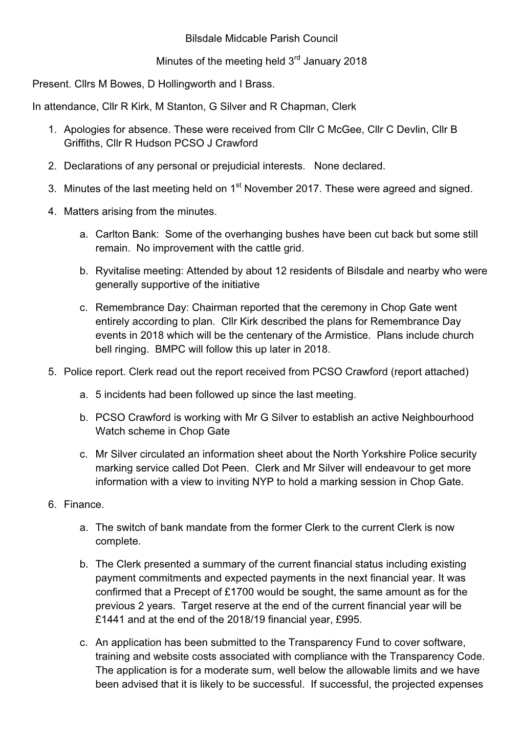 Bilsdale Midcable Parish Council Minutes of the Meeting Held 3Rd