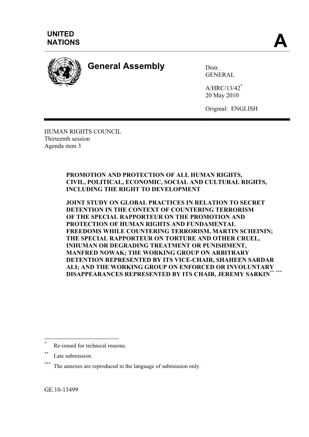 Joint Study on Secret Detention of the Special Rapporteur on Torture & Other Cruel, Inhuman Or