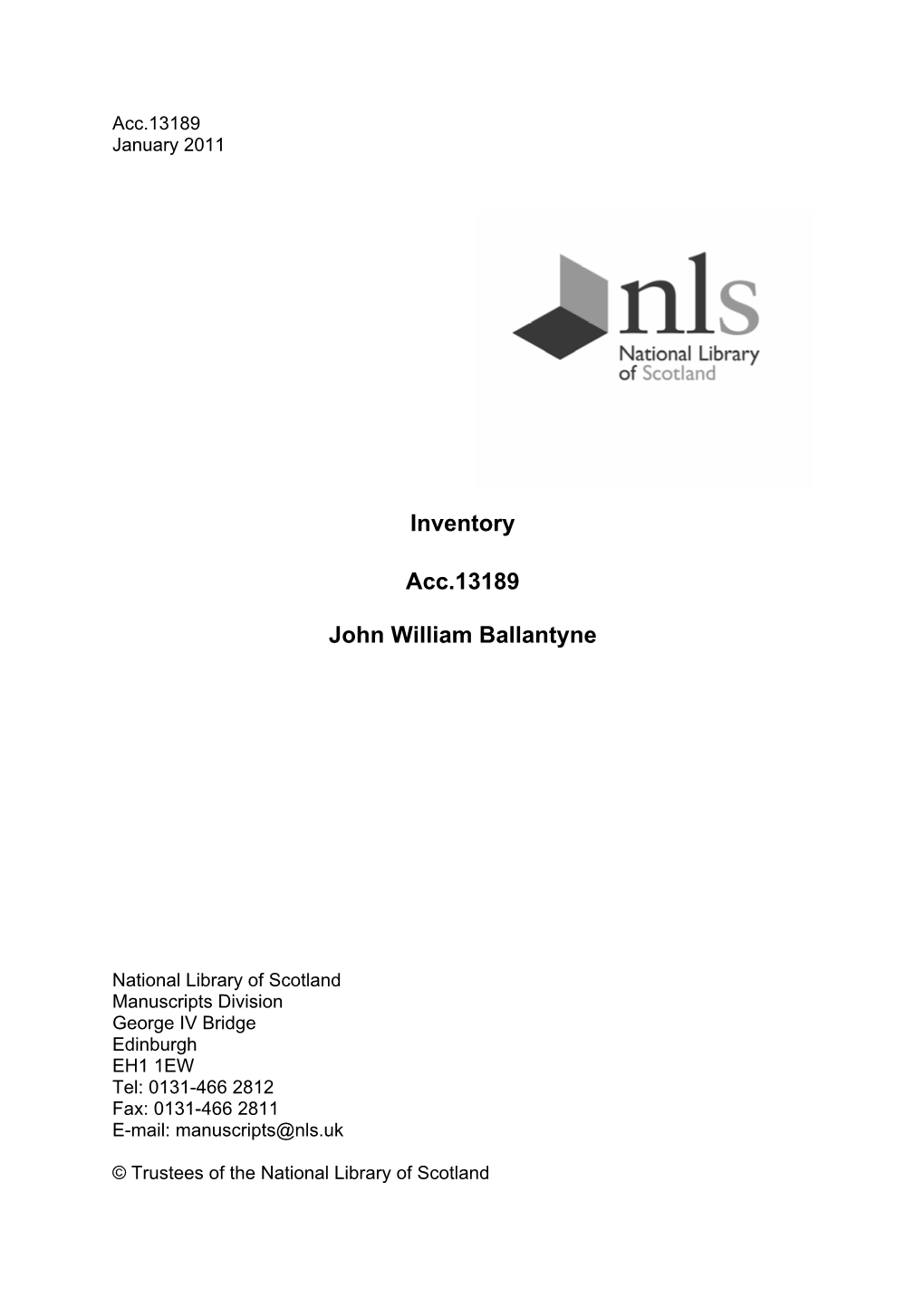 Inventory Acc.13189 John William Ballantyne