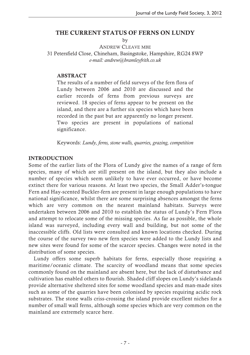 THE CURRENT STATUS of FERNS on LUNDY by ANDREW CLEAVE MBE 31 Petersfield Close, Chineham, Basingstoke, Hampshire, RG24 8WP E-Mail: Andrew@Bramleyfrith.Co.Uk