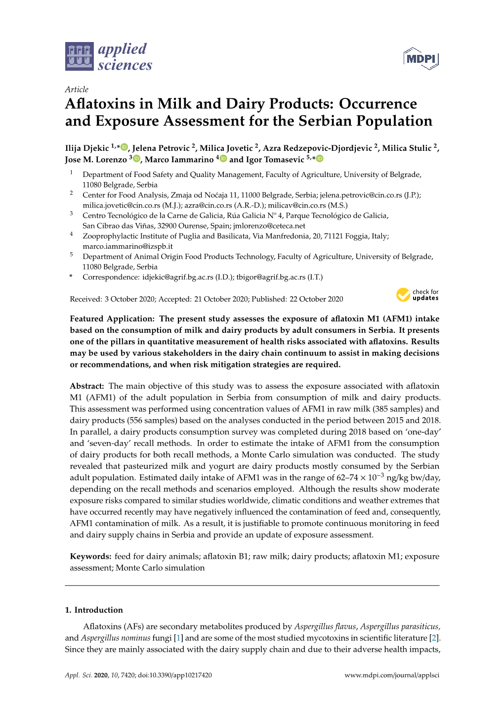 Aflatoxins in Milk and Dairy Products: Occurrence and Exposure Assessment for the Serbian Population