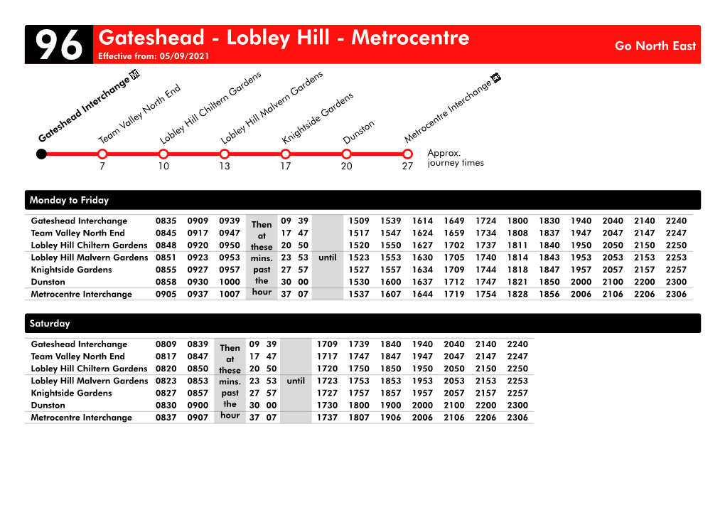Gateshead - Lobley Hill - Metrocentre Go North East 96 Effective From: 05/09/2021