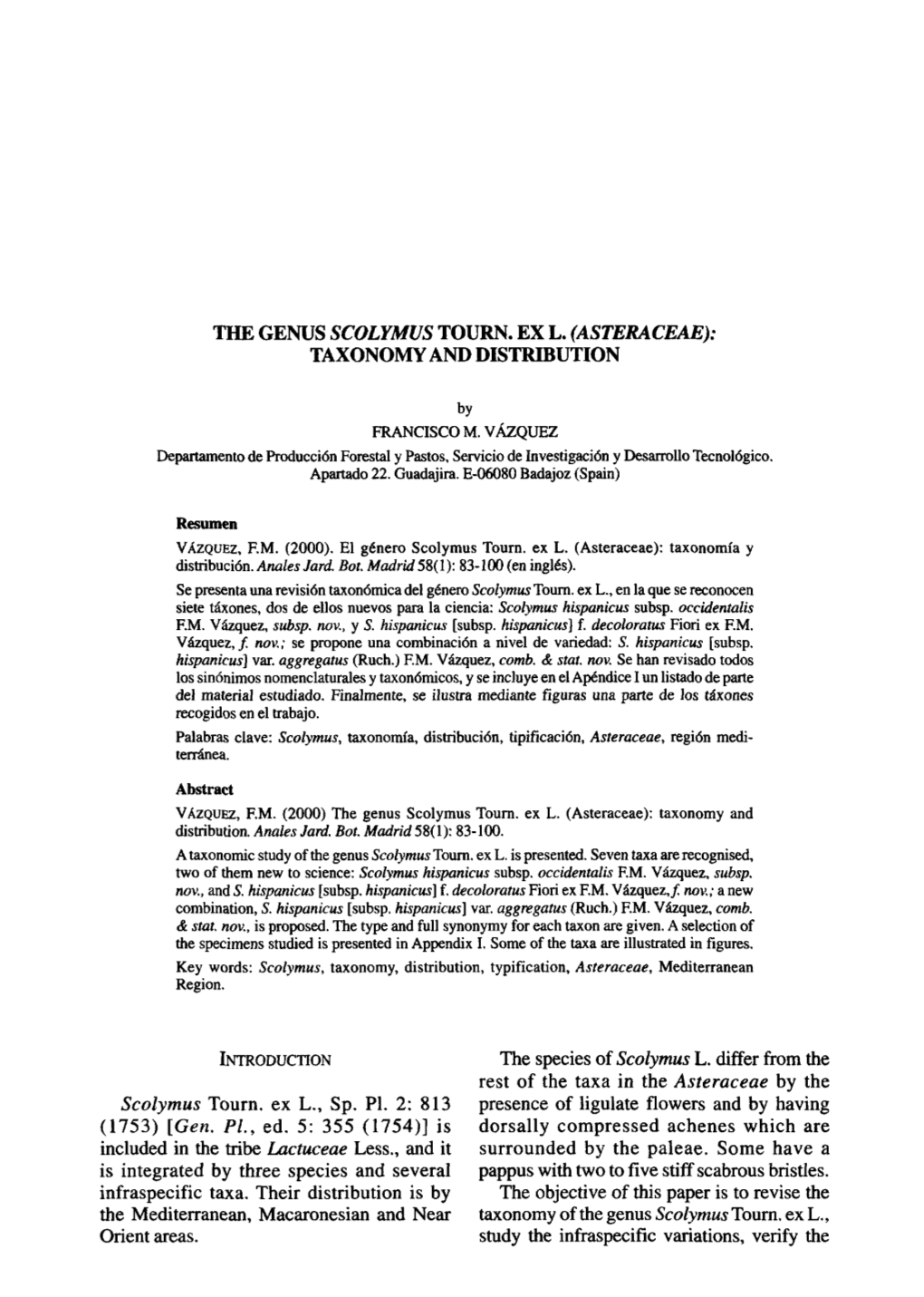 Asteraceae): Taxonomy and Distribution