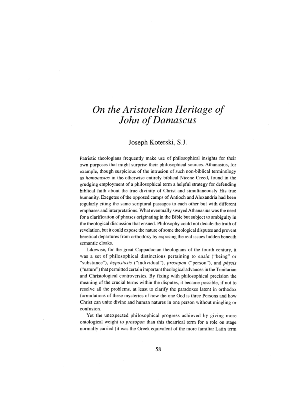 On the Aristotelian Heritage of John of Damascus / Joseph Koterski, S.J