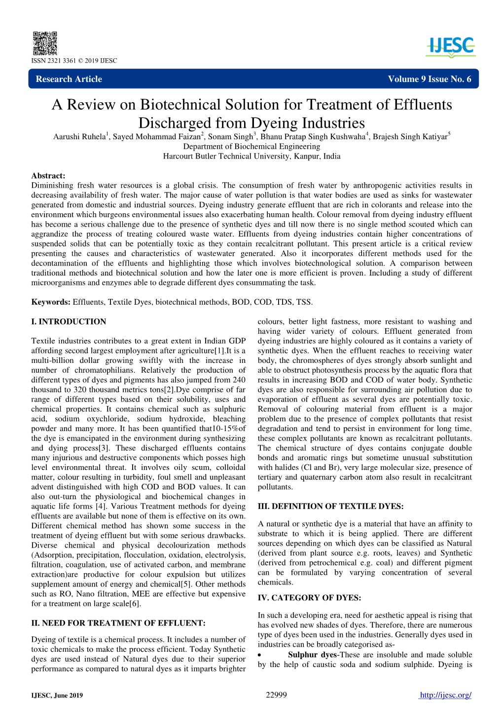 A Review on Biotechnical Solution for Treatment of Effluents Discharged from Dyeing Industries