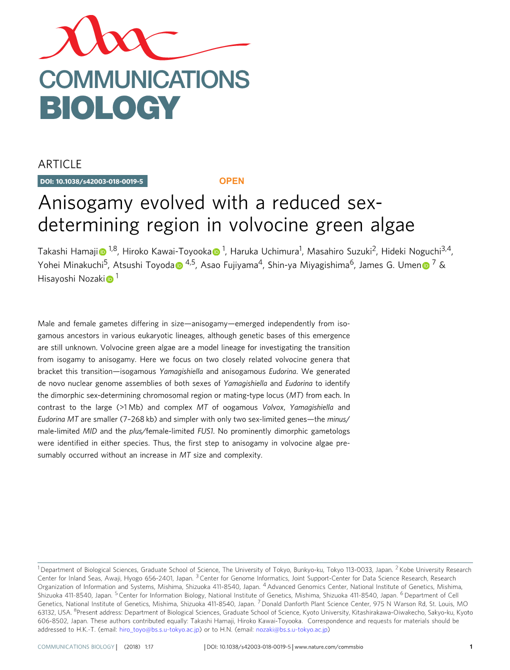 Anisogamy Evolved with a Reduced Sex-Determining Region in Volvocine