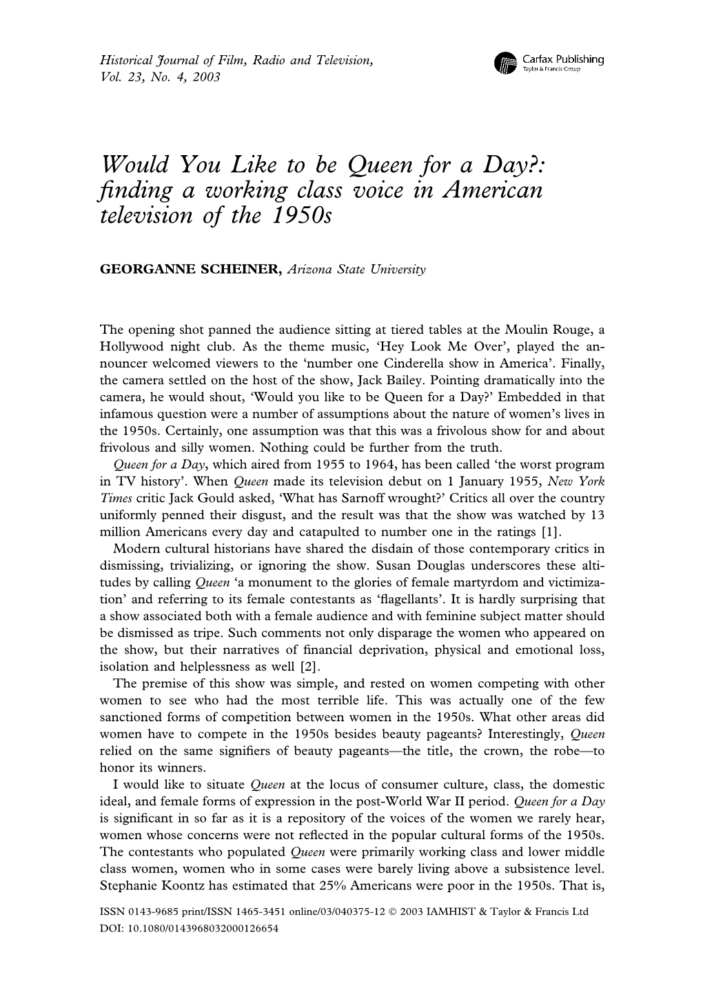 Would You Like to Be Queen for a Day?: ﬁnding a Working Class Voice in American Television of the 1950S