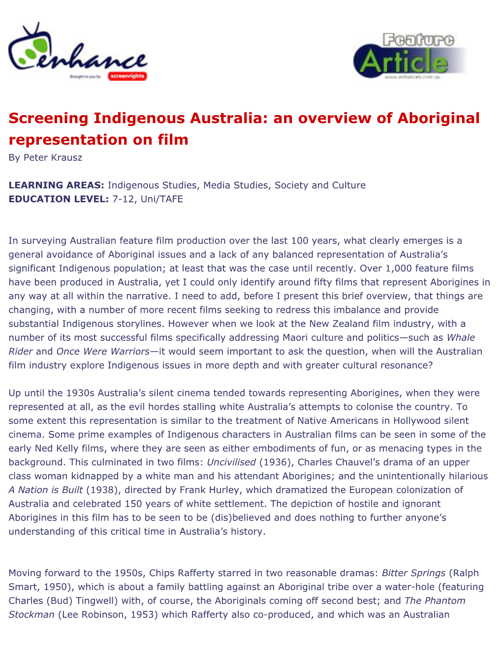 An Overview of Aboriginal Representation on Film by Peter Krausz